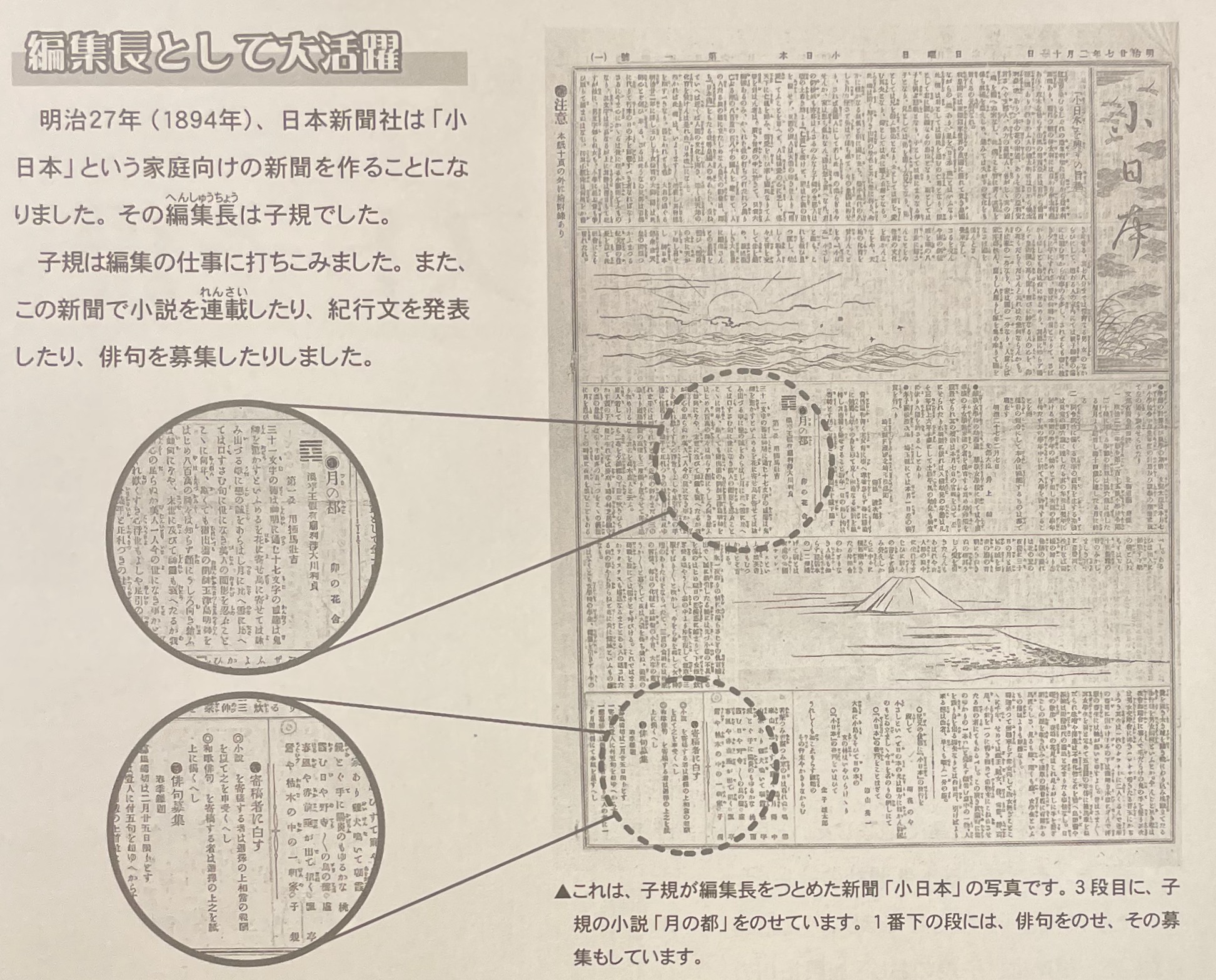 小日本は日本新聞社の家庭向けの新聞。編集長正岡子規が務めた。