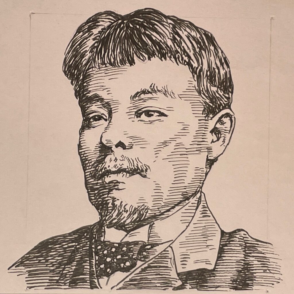 1849-1896を生きたジャーナリストであり政治家は自由民権を信条として執筆活動にあたるも当時の条例により2度の禁獄を経験、その後1890(明治23)年の第1回衆議院選挙に愛媛県より出馬当選し政治家としての人生を歩む。また政治小説を通じて写実文学者としても活躍した。