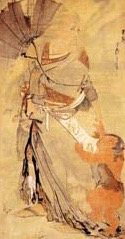 近松門左衛門の浄瑠璃「嫗山姥」から画題をとり，醜怪な老婆を迫力のある筆致で描いた蘆雪晩(1797)年の作。 public domain