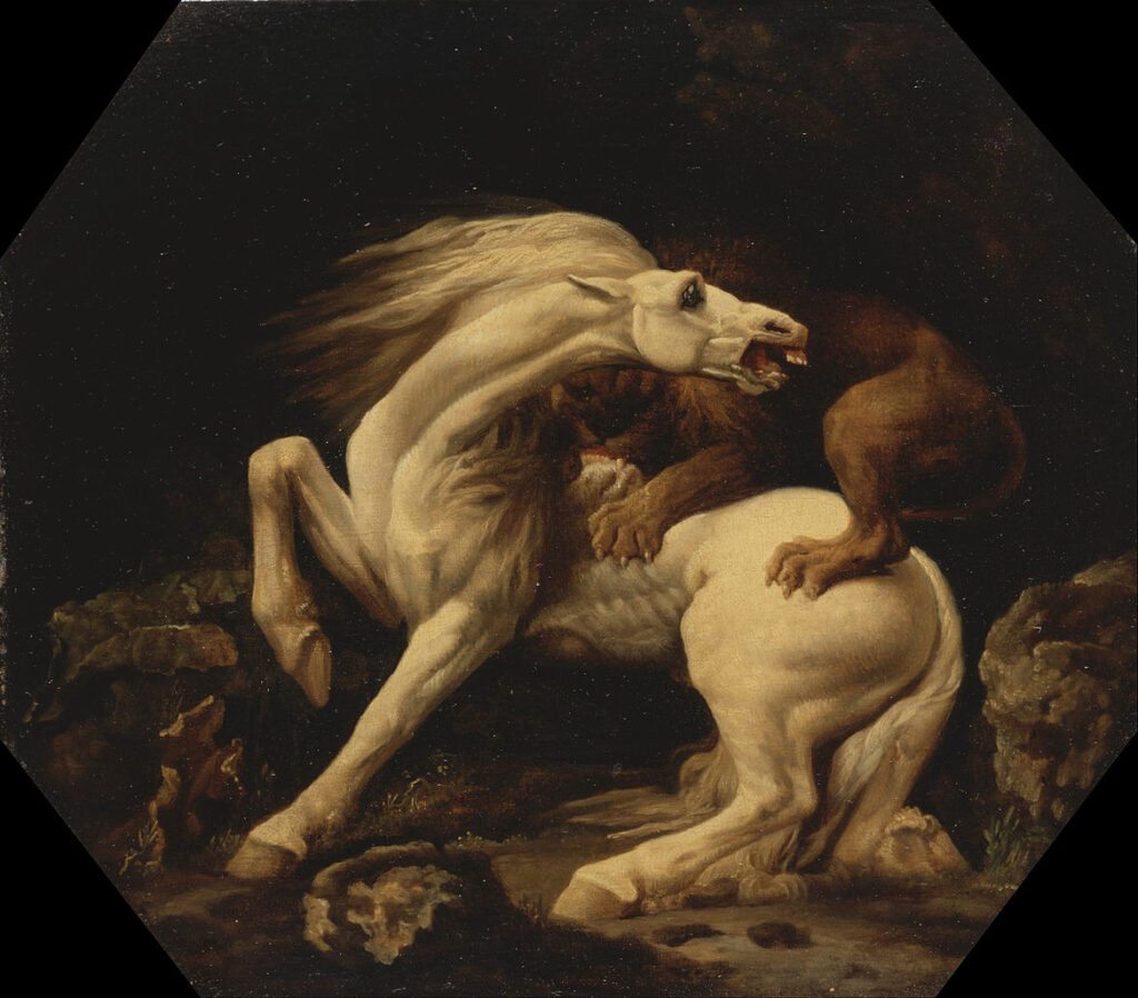 Yale Center for British Art所蔵1769年ごろの作品。ローマ旅行中、パラッツォ・デイ・コンセルヴァトーリで眼にした彫像「馬をつかむライオン」をヒントにライオンに襲われる馬の一連の作品を描く。この作風は後のロマン派画家たちのテーマを先取りしていた。