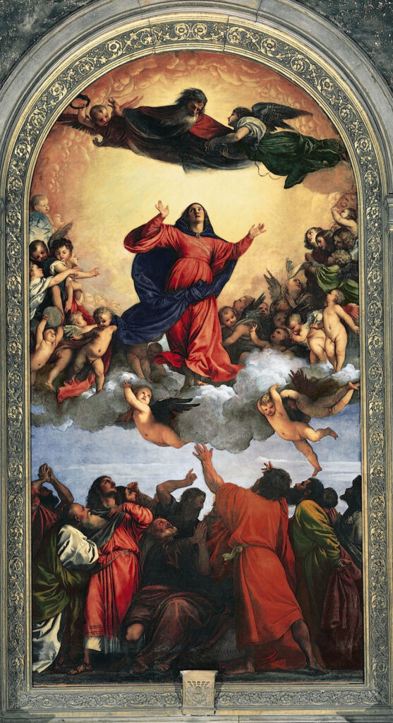 サンタ・マリア・グロリオーサ・デイ・フラーリ教会祭壇画(1516-1518)聖母被昇天。光輝く光を背景に、赤色の衣と青色のマントの色彩を彩る聖母マリア。被昇天はこれ以上ない躍動感を演出している。ティツィアーノの大作の一枚。