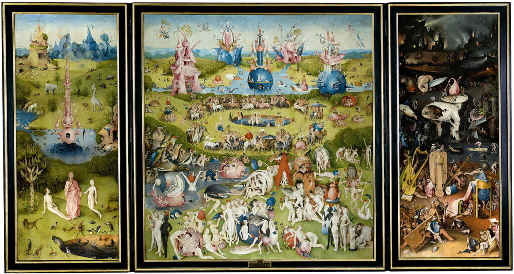 1490~1510の作品。プラド美術館所蔵。左手にイヴの創造を伴う楽園、左手に地獄図、中央は現世を表していると考えられている。現在もこの絵画に対する議論が世界でなされている一枚。