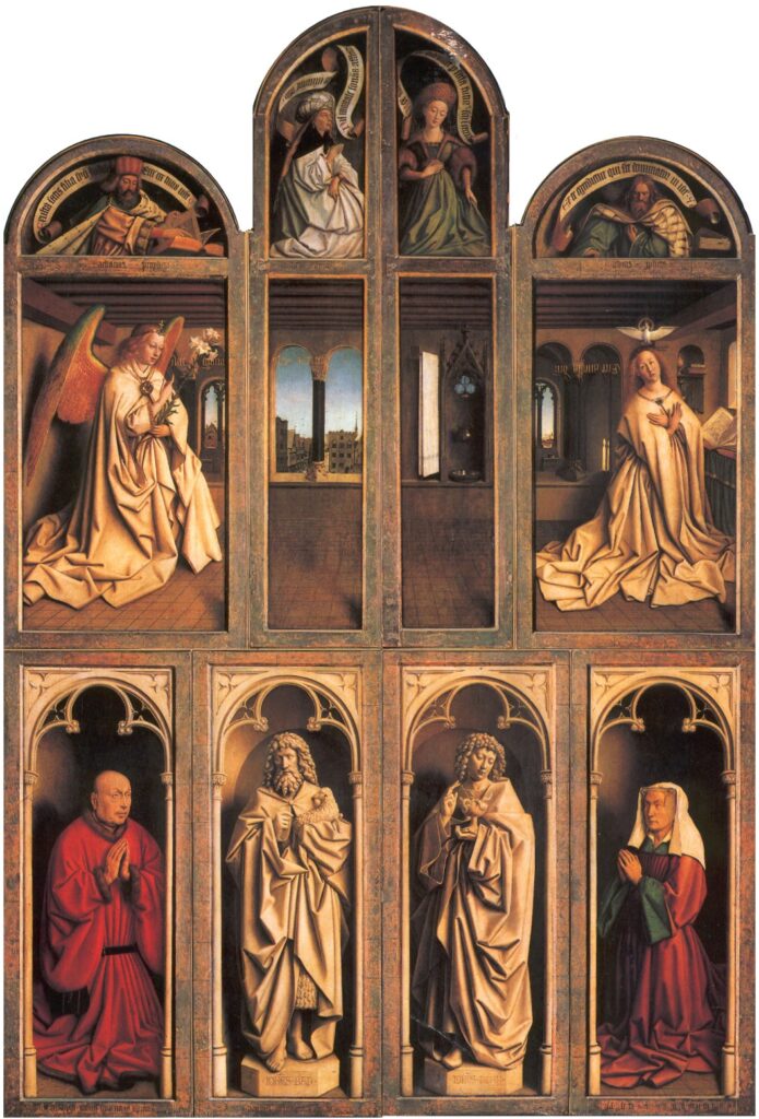 兄フーベルトと弟ヤンの合作による閉翼時のヘント祭壇画。下段両脇に寄進したフェイト夫妻が描かれ、その中心には2人のヨハネの彫刻画が描かれている。そして中段には受胎告知の場面が描かれ、これは弟ヤンが手掛けたとされ、その15世紀における陰影をつけた画期的な技法を用いていたとされる。　1432年ごろの作品。