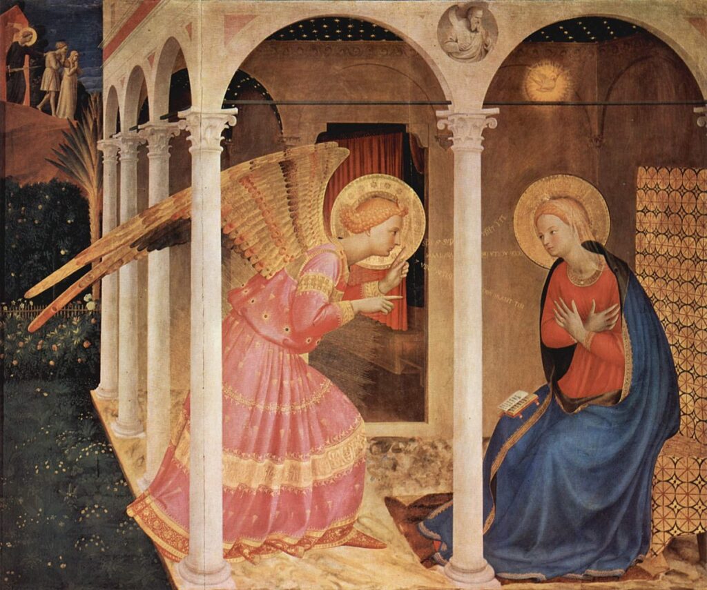 フラ・アンジェリコによるコルトーナの受胎告知は3点の祭壇画の1つ。あとの2つは受胎告知、サン・ジョヴァンニ・ヴァルダルノの受胎告知。1433-34ごろの作品