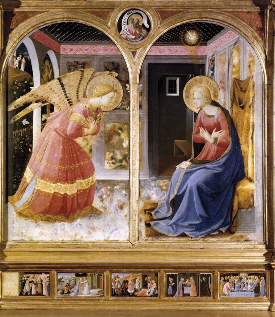 フラ・アンジェリコによるサン・ジョヴァンニ・ヴァルダルノの受胎告知は3点の祭壇画の1つ。あとの2つは受胎告知、コルトーナの受胎告知。1433-34ごろの作品