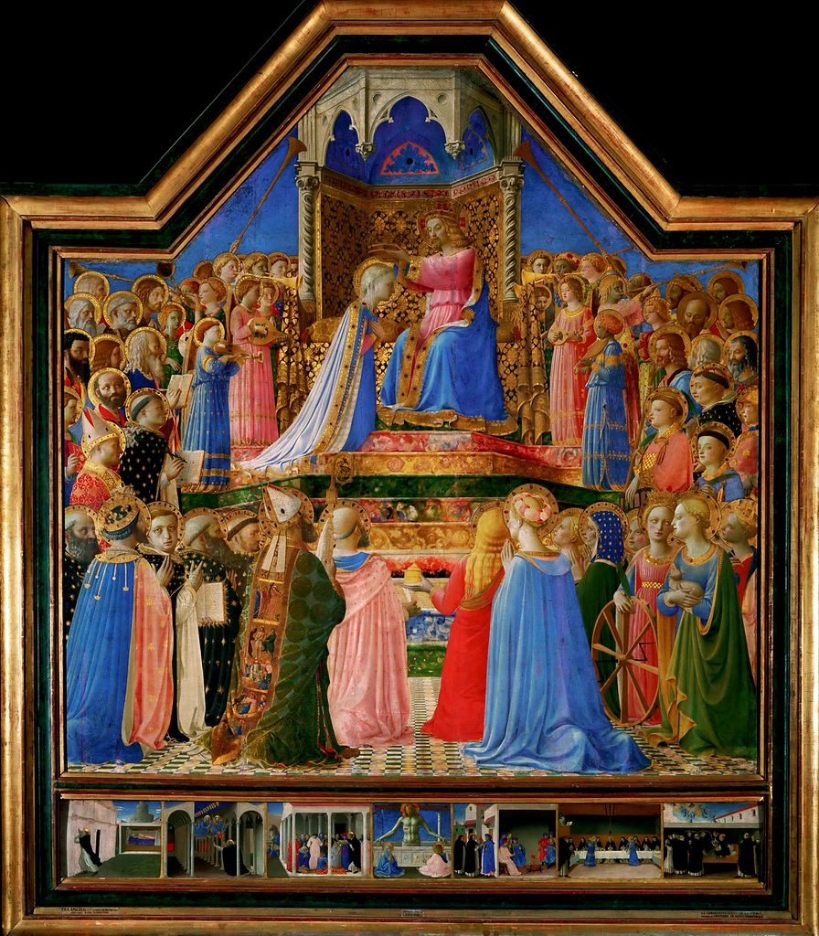 板上に聖母マリアが天国においてイエス・キリストから冠を授けられる場面をテンペラと油彩で制作した絵画。1434-35年ごろの作品。