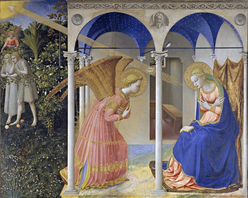 フラ・アンジェリコによる「受胎告知」を表す3点の祭壇画の1つであり、板上にテンペラと金で描いた。あとの2つはコルトーナの受胎告知、サン・ジョヴァンニ・ヴァルダルノの受胎告知。1425-28ごろの作品