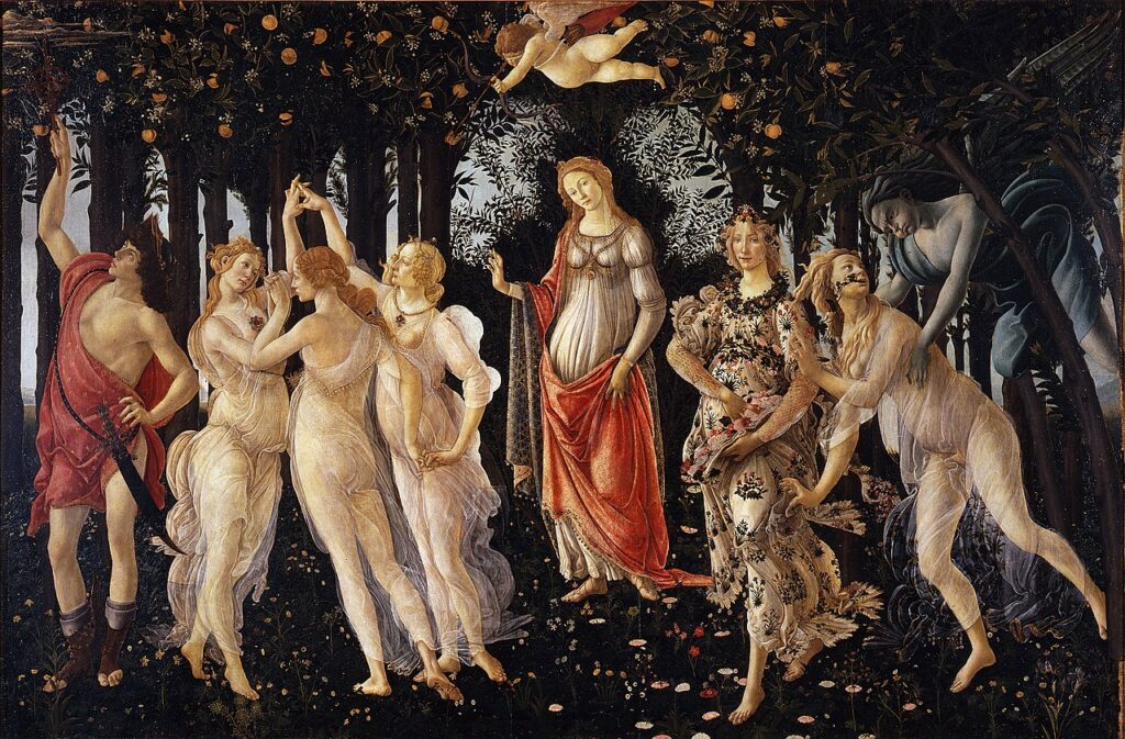 ウフィツィ美術館所蔵1477~78年ごろの作品。中央にヴィーナスが描かれ、そこに集う神話の神々が春の花々が咲き誇る森に集う様が描かれている。
