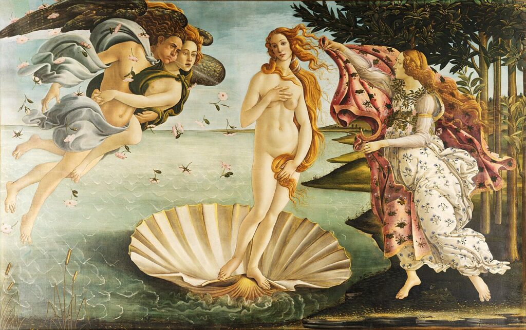 ウフィツィ美術館所蔵1485年ごろの作品。海より誕生したヴィーナスが地上に上がろうとする様子を描いている作品。