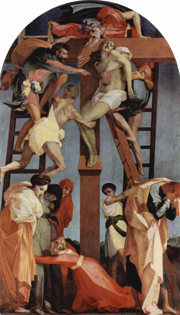 ロッソ・フィオレンティーノ作 十字架降下 1521年 Roosoの異名通りの赤色を効果的に用いている。そしてルネサンス的古典美から、表現主義を彷彿させる全ての人々に焦点を当てた構図は当時の絵画史上において斬新さに溢れている。