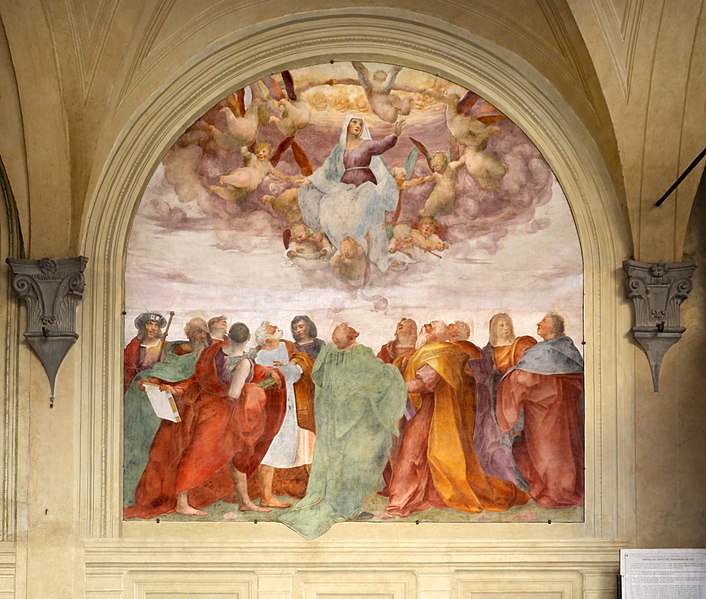 サンティッシマ アヌンツィアータ大聖堂フレスコ画(1513-1514)。落成式に合わせるために急遽作成したが、その後修正依頼があり1517年に再塗装されたとされている。ロッソ・フィオレンティーノ作の聖母被昇天。