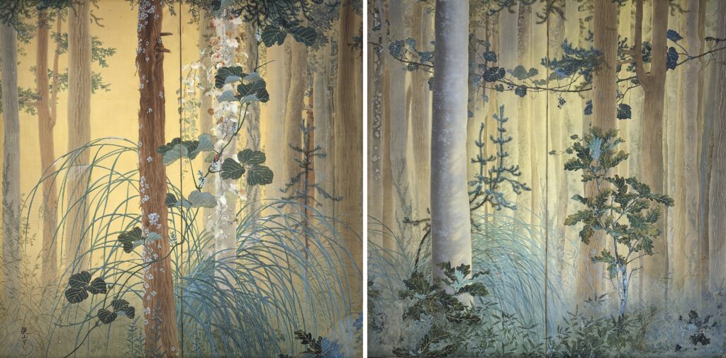 渡英での水彩画研究やこれまで学んだ狩野派、そして江戸琳派などの複合要素で新しい日本画となった代表作「木の間の秋」は1907年の作品。陰影法、遠近法の西洋画法を見事日本画であらわしている。 ※public domain Wikimedia Commonsより