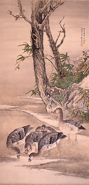 松林桂月作 秋水群雁図 1909年　枝木は写実性に優れ、水辺に雁の群れ。