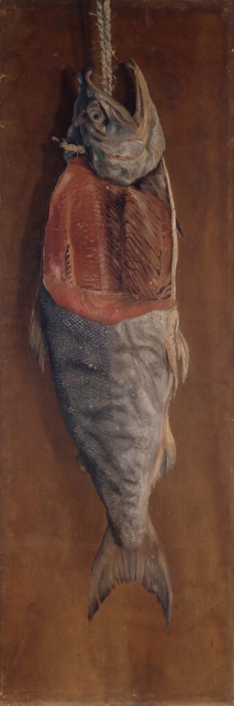 見る人が実際のモチーフを知っている必要があると説いた由一は誰もが知っている塩引き鮭を選択したのがこの作品。 この『鮭』は、縄から始まり、皮目の乾燥度合いの、捌かれた身など、鮭のあらゆる部分がとても写実的に描いている。 由一の価値観であった西洋画が求める精密さをこの画に込め、日本の近代化を告げる作品として描く。 1877年 東京芸術大学大学美術館所蔵 ※public domain Wikimedia Commonsより