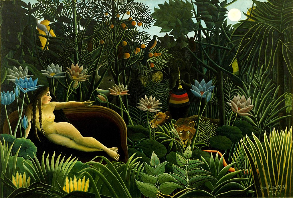 ニューヨーク近代美術館所蔵。1910年の作品。アンリ・ルソーが描いた最後のこの作品には意図が記されているそうです。「ソファで眠っている女性は、森の中に連れて行かれ、魔法使いの楽器の音を聞いている夢を見ている」と。