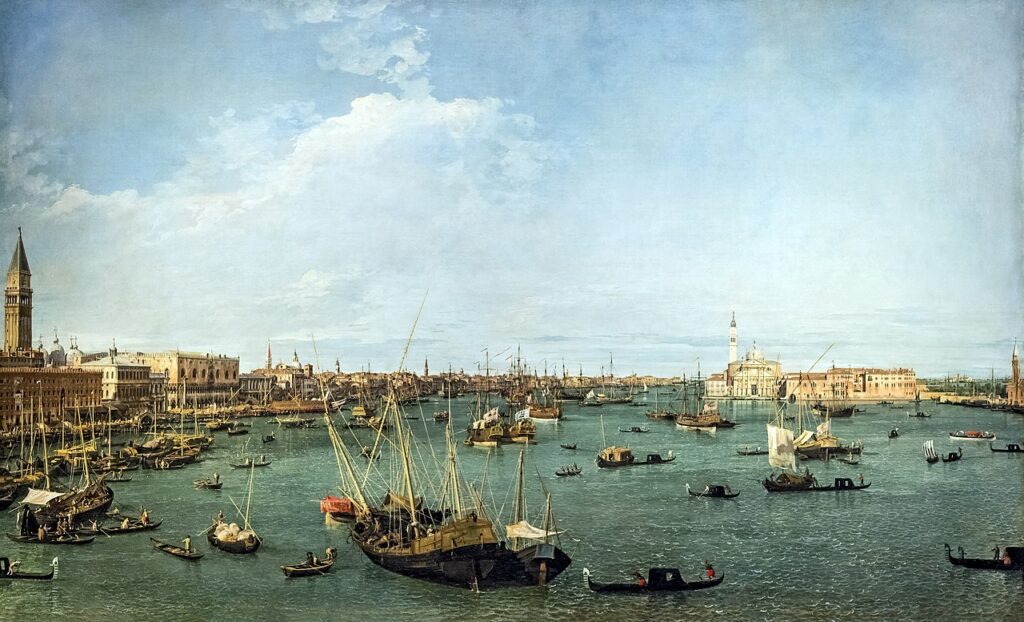 ボストン美術館所蔵1730年ごろの作品。グランドツアー用に英国人向けに描かれた水の都ヴェネツィアのサン・マルコ広場。この写実性溢れる作品は光と影を効果的に捉え描くことでその景観をさらに引き立てている。