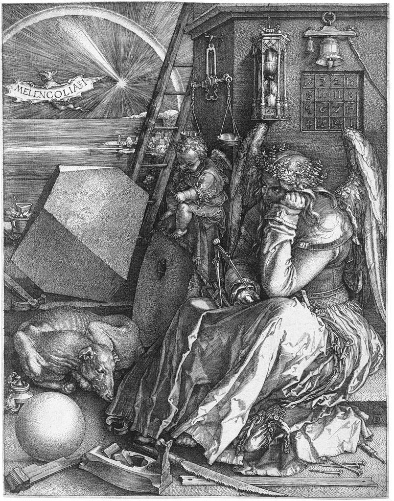 メトロポリタン美術館所蔵1514年。デューラーがメランコリア(憂鬱)だったことを右の翼をもった人物像で彷彿させる作品。 メランコリアⅠは、デューラーの三大銅板画の一枚。(騎士と死と悪魔、書斎の聖ヒエロニムス)