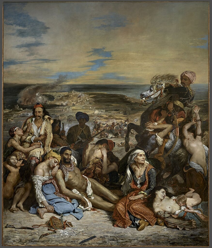 ルーブル美術館所蔵1824年の作品。この絵によってオスマン帝国統治下のギリシアが独立するきっかけとなった作品。コンスタブルの臨場感溢れるキアロスクーロに魅了され、この絵を手直しし反映させたとされている。
