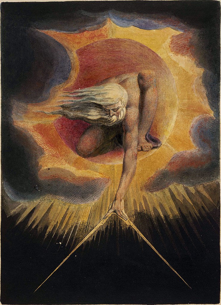 大英博物館所蔵1794年の作品。ブレイクの詩人としてのキャリアで著した独創性溢れる自作の創造神話「ミルトン」に登場する神ユリゼンを描いた。