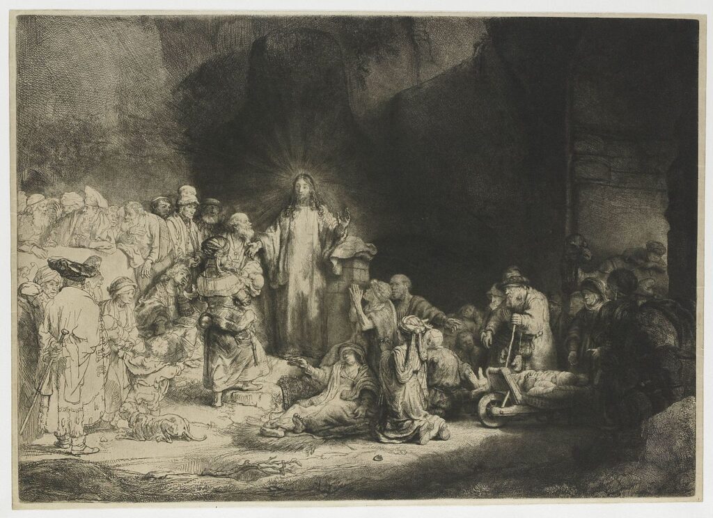 アムステルダム美術館所蔵 1648年ごろの作品。レンブラントによるエッチングの最高傑作とされる作品。病から人々を救い子供達迎えるキリストを描いた。