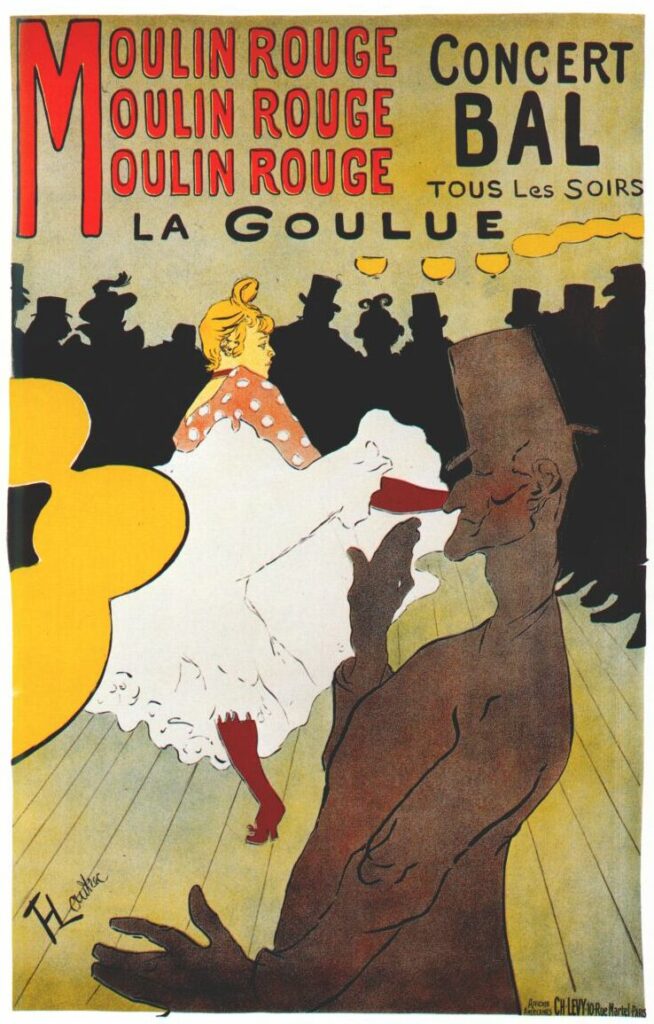 メトロポリタン美術館所蔵1891年の作品。パリのミュージックホールを描いたポスター。ラ・グーリュとは中央で踊る踊り子の名に由来。モチーフの平面化は文字との一体感で表現され、芸術性にあふれた作品に仕上がっている。