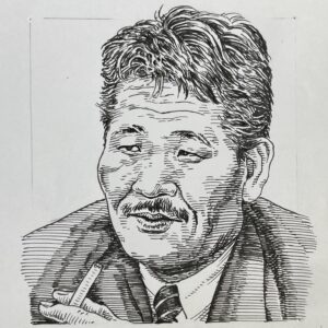 1946-1992を生きた小説家。大学進学を断念し、雑誌に投稿をしながら生活を送る。「十九歳の地図(1973)」などで芥川賞の候補となる。路地と名付けた紀州を舞台に、1976(昭和51)年「岬」で、戦後生まれ初の芥川賞を受賞し、以後「枯木灘(1977)」「地の果て至上の時(1983)」で3部作を完成させ、複雑な血縁関係の愛憎に生きる人間を描いた重厚な文学を展開した。病のため46歳で早世するも、個人と社会、差別と解放をテーマに、戦後文学に独自の強靭な世界を築き上げた文学家であった。