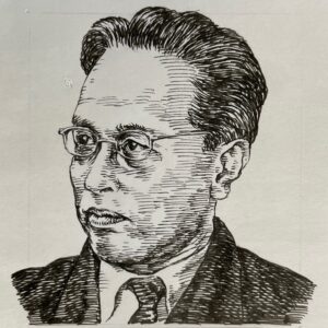 1904-1966を生きた作詞家。福島民友新聞社に入り文芸欄などを担当しながら詩作を行う。1931(昭和6)年、同郷の後輩・古関裕而の勧めで上京し、同年、古関と組んだ「福島行進曲」でレコードデビューを果たし、作詞家として活動を開始。1939(昭和14)年、藤山一郎の「上海夜曲」のヒットによりコロムビア専属作詞家となり数々の名曲を生む。古関裕而、伊藤久男とともに「福島三羽ガラス」と称され、昭和歌謡の黄金期を支えた。本名は鈴木喜八。