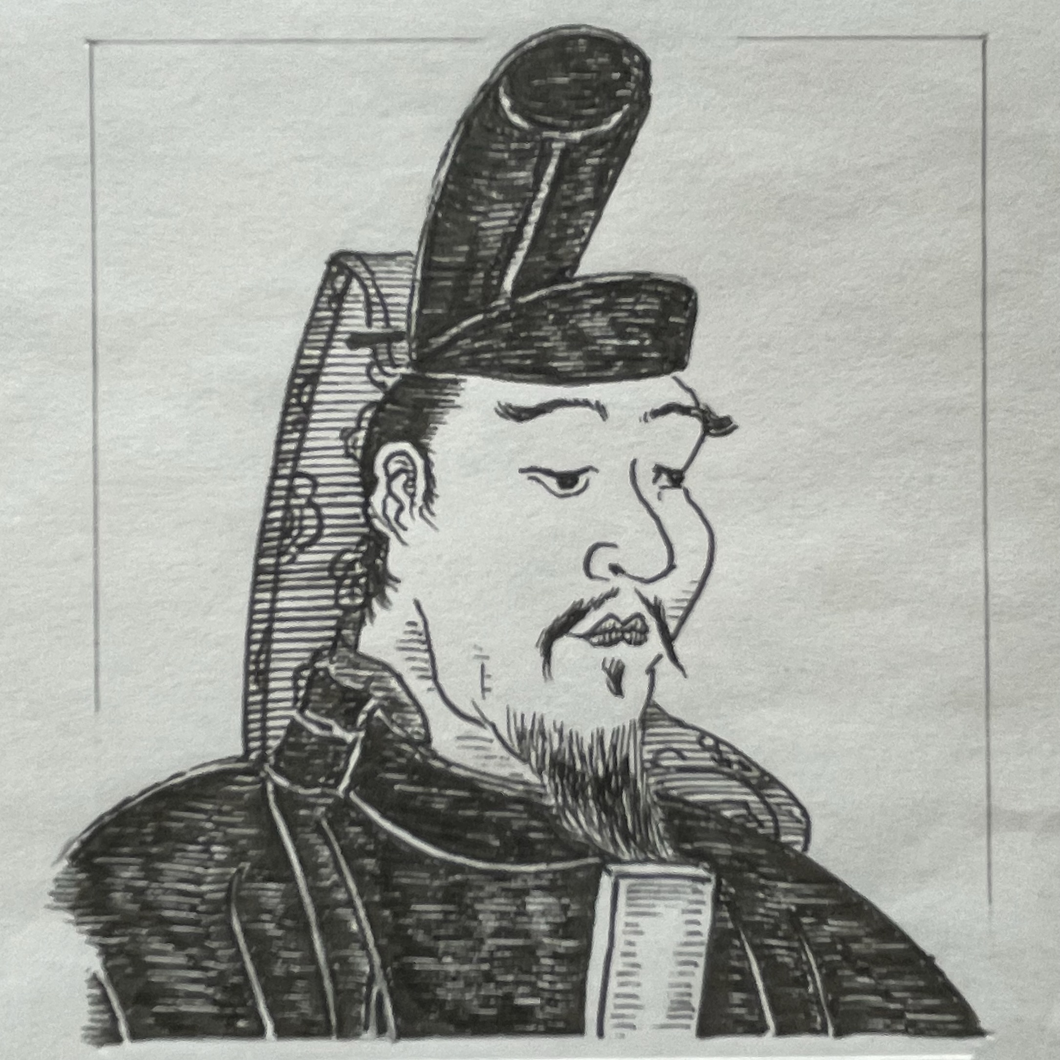 614-669を生きた政治家。中大兄皇子とともに乙巳の変（645）を起こし、蘇我氏を排除した。内臣として新政権の枢軸を担い、その後の政治改革を推進し、公地公民制の導入など、律令国家成立への道を開いた人物である。死の間際に「藤原」の姓を授けられ、以後長期にわたり国政の中枢を担う藤原氏の始祖となった。いらすとすてーしょんでは、出生地は奈良県とさせていただきます。